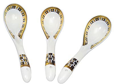 AKNKMHKDE Cuchara para Servir Sopa Cucharas de Postre Cuchara de Sopa asiática 3 Piezas Cuchara de Sopa China Tangshan Porcelana Estilo Europeo Relieve Oro Hueso China Vajilla Cucharas(A)