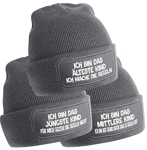 3er Set Beanie Strickmützen mit Spruch | Ich bin das jüngste Kind - das mittlere Kind - das älteste Kind | Farbwahl | Unisex SoftTouch angenehm weiche und warme Wintermütze OneSize Einheitsgröße