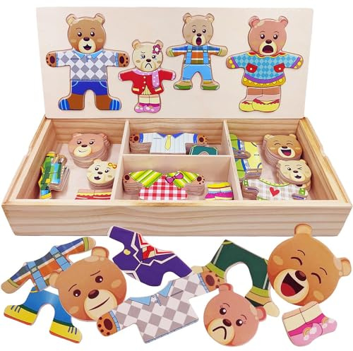 LilyBeauty Ankleidepuzzle aus Holz Bärenfamilie - 72-teiliges Spielzeug Kinderspielzeug Geschenk Kinder Holzspielzeug Steckspiel Für Kinder ab 3 Jahren