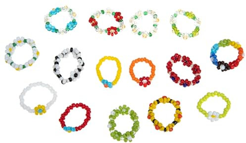 SHERCHPRY 15 Stück Blumenperlenringe Elastisch Frauen Fingerringe Ästhetischer Schmuck Für Partys Hochzeiten Geschenk