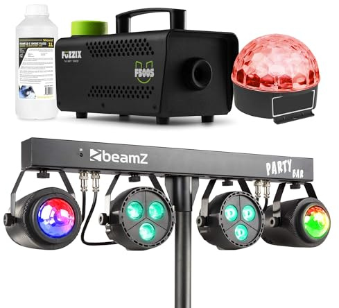 BeamZ Disco Party Komplett Set - inkl. Mini Nebelmaschine mit Nebelfluid, 4-1 Lichtorgel DJ Lichtanlage, Discokugel 30cm mit LED Pinspot Strahler - Perfekt Bühnenbeleuchtung für Geburtstage & Disco