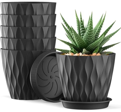 6er Blumentopf Set 12cm – Hochwertige Plastik-Blumentöpfe im Waffelmuster mit Untersetzer und Drainagelöchern, Zimmerpflanzen und Balkonpflanzen, langlebig und pflegeleicht, Schwarz