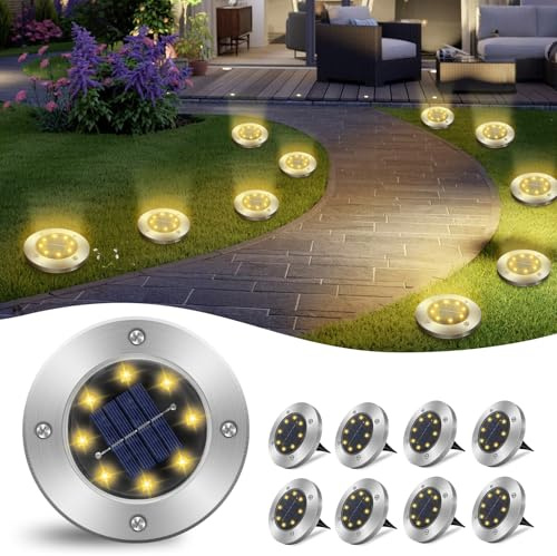 CNMTCCO Solar Bodenleuchten Aussen Garten,8 Stück 8 LED Solarleuchten Außenleuchte,Warmweiß 3000 K, IP 65 wasserdichte Solarleuchten für Garten,Rasen, Gehweg, Patio, Auffahrt
