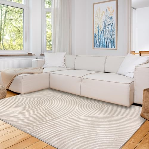Astra Moderner Teppich Wohnzimmer, Schlafzimmer - Weiches Flachgewebe für Innen - Flauschiger Kurzflorteppich - Teppich Kringel Creme, 133 x 190 cm