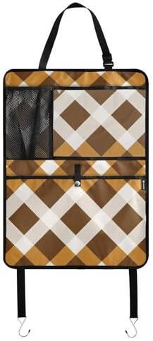 sanluoli Protector y organizador de asiento trasero para tableta, organizador de coche, diseño a cuadros de rombos marrones, para colgar en el coche