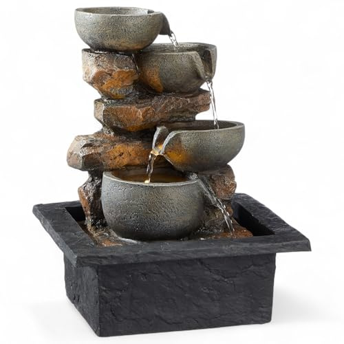 MIJOMA LED Zimmerbrunnen, Polyresin/Kunststoff, Warmweiße Beleuchtung, Beruhigendes Wassergeräusch, 12V Transformator, Perfekt für Ihre stilvolle Wohlfühloase (Zen Kaskade)