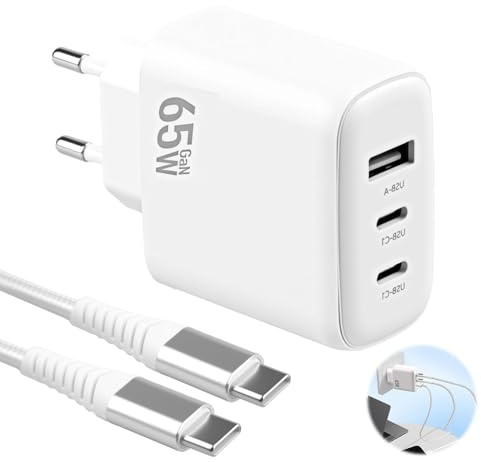 65W Chargeur USB C Rapide 3 Ports GaN Prise USB C avec 1 m Câble Compatible avec iPhone 16/15/Pro Max Samsung S24Ultra/S23 iPad Pro/Air Pixel 9/8 Ordinateur Portable Tablette
