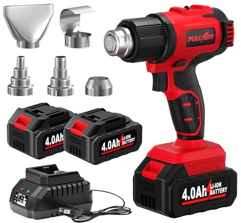 FULLYEA Cordless Heat Gun, Max 550°C (1022°F), Hot Air Gun Kit with 5 Nozzles & 2x4.0Ah Batteries, Fast Heating, 2-Temperature Setting, Portable Heat Gun for Shrink Tubing, PVC Wrap, Crafts (Red)