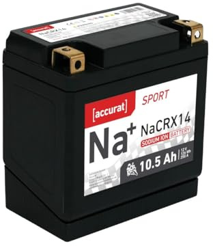 Accurat Sport Na+ NaCRX14 Natrium-Motorradbatterie, 12V 10,5Ah, 250A | kompatibel mit YTX14-BS, DIN 51214, Kaltstart bis -20°C, wartungsfrei, schnellladefähig, leicht & langlebig, Rollerbatterie