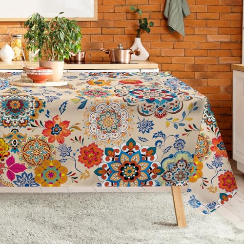 Arquiel Tovaglia Boho Chic Rettangolare Lavabile in Lavatrice 140x180 cm, Fantasia Floreale Colorata, Tessuto Impermeabile No Stiro Design per Cucina, Sala da Pranzo e Giardino