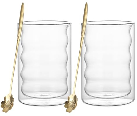 Yumzxin 2 Pack 400ml Double Wall Glass Coffee Mugs with Spoons - Borosilicate Heat Resistant Cups for Cappuccino, Latte, Tea & Ice Cream