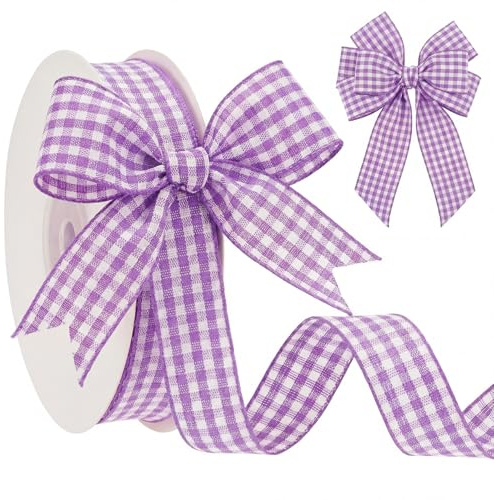 Xuniea Schleifenband Lila Weiß 16 mm x 27 m Kariert | Gingham-Karoband für Geschenkverpackung, Hochzeit, Taufe, Geburtstag, Tischdeko, Floristik und Frühling