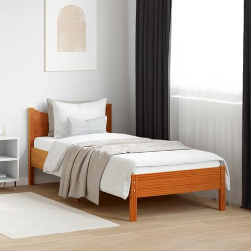 kithwjll Massivholzbett Kiefer wachsbraun 100x200 cm, Robustes Bettgestell mit Sperrholzlatten, Kopfteil, Einzelbett ohne Matratze, modernes Design für Schlafzimmer