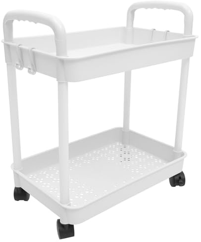 NULYLU Carrello Portaoggetti a 2 Livelli Ruote Mobili, Piccolo Carrello Organizer Bianco per Bagno, Cucina e Ufficio, Struttura Robusta per Stoccaggio Efficiente e Facile Spostamento