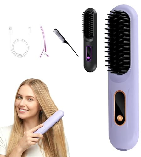 Haarglätter, 2026 Neu Mini 2 In 1 Glätteisen Locken und Glätten für Haar Glätten 3 Wärmestufen Kabellos, Mini Bürste mit LED Anzeige und 3 Wärmestufen für Anwendung Unterwegs (Lila)