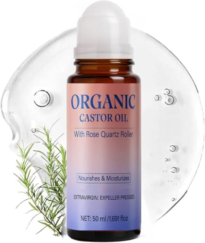 Rizinusöl Kaltgepresst Bio mit Rosenquarz, Organic Castor Oil Roll-On, Wachstumsfördernd, Repariert, Rizinusöl Kaltgepresst Bio für Haut, Gesicht, Körper, Haare, Wimpern und Augenbrauen, 50ml (1PC)