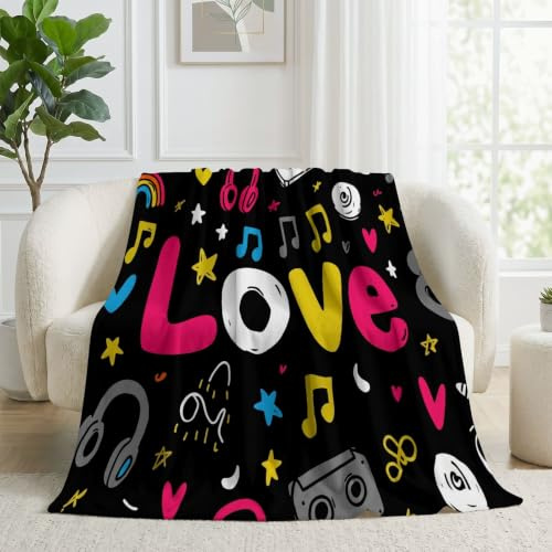 Graffiti Neon Pop Throw Blanket 180x200cm, Soft Warm Fluffy Lightweight Breathable Anti-allergy Throws For Sofa, Chair, Settees. Music Notes Headphones Love Cassette Bed Blanket