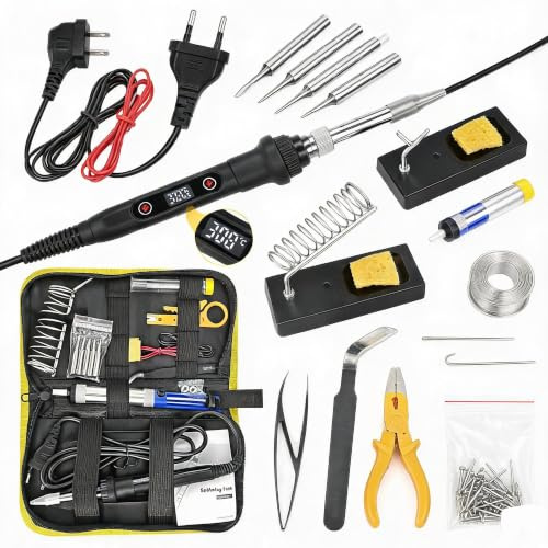 Cinowit Kit de fer à souder 80 W avec LCD et température réglable 180-520 °C | 5 pointes à souder, 50 g d'étain à souder, support, pince à épiler – Kit complet de soudure pour électronique
