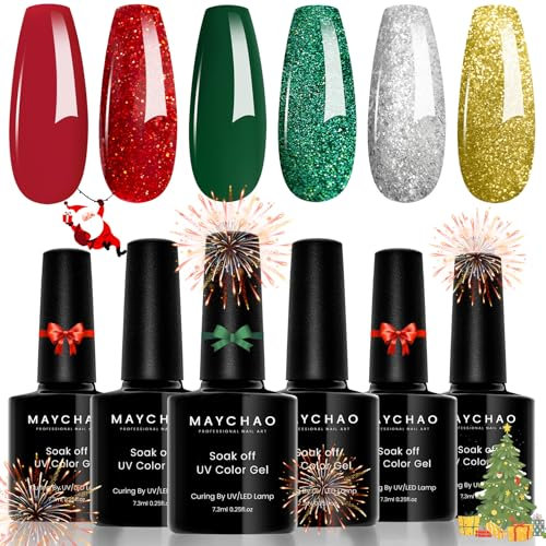 MAYCHAO Christmas Gel Nail Polish Set, 6 Colors Green Glitter Gold Silver Gel Polish Green Red Gel Nail Polish Kits Soak Off UV/LED Nail Lamp Cured for Nail Art Design Christmas Day Gifts for Women