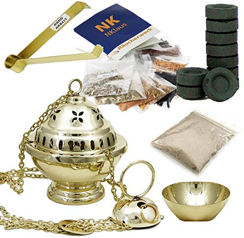 NKlaus Coffret encensoir doré 14 pièces avec encens résines Sable Pince Charbon coupelle Amovible rituel méditation Purification Cadeau Spirituel Fait Main Hauteur 14 cm 2916