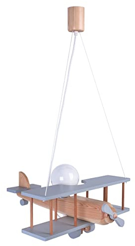 HELLUX Kinderzimmer Lampe Decke aus Holz | Deckenleuchten für Kinder | Kinderlampe Decke 75x42x45cm für Babyzimmer | Flugzeug Lampe E27 ohne Leuchtmittel (Grau/Naturholz)