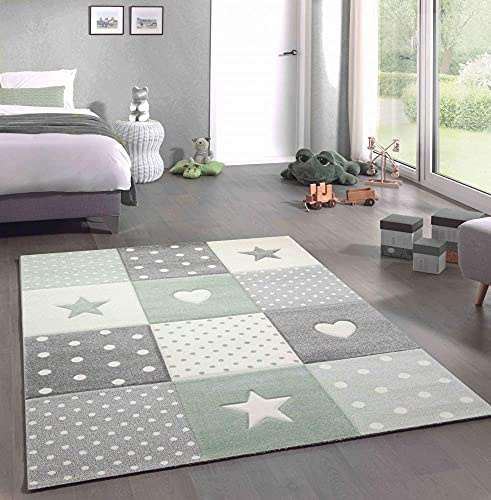 CARPETIA Kinderteppich Sterne Herzen Punkte Grün Grau Creme 200x290 cm | Pflegeleicht, strapazierfähig, farbecht und allergikergeeignet, OEKO-TEX geprüft, schadstofffrei, für Fußbodenheizung