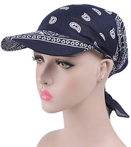 BOBEINI - Gorra para mujer con visera premontada, estilo bohemio, estampado floral, con nudo en la parte posterior, de algodón, ajustable, Azul marino., As the picture shows