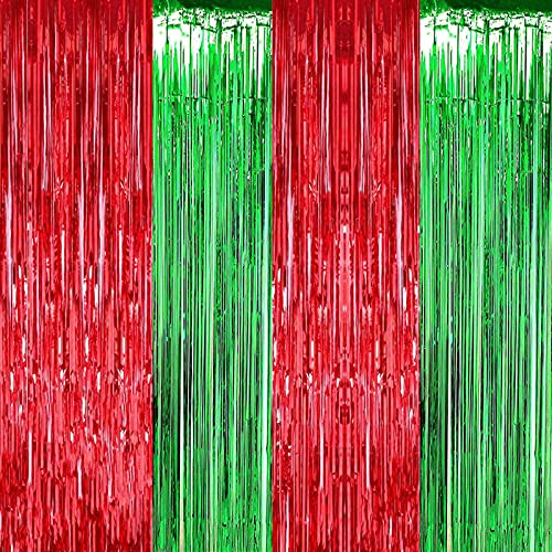 Mienocol 4 Packs Christmas Tinsel Foil Fringe Curtains, Red & Green, 3.2ft x 6.5ft, Christmas, Birthday Party, Wedding, Valentine's Day, Halloween, Easter Decorations