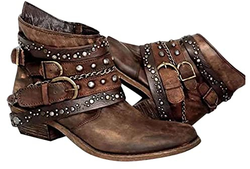 Briskorry Damen Biker Combat Stiefel Vintage Biker Boots Retro Kurzschaft Westernstiefel Freizeit Chelsea Boots Vintage Knöchelstiefel Cowboy Stiefel mit Blockabsatz - Braun, Größe 42 EU