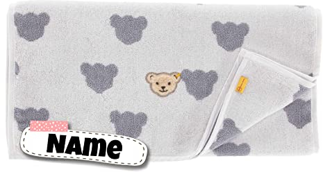 Steiff Baby Handtuch personalisiert | 50 x 100 cm | Kinderhandtuch mit Name | mit Namen | Kinderhandtuch | Badetuch Bestickt mit Name | Baby Erstausstattung | Baumwolle (Teddy grau)