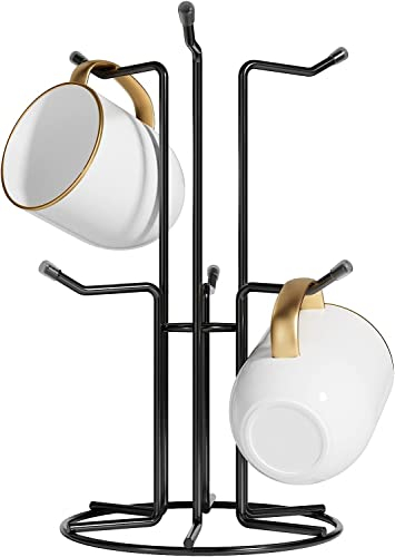 HULISEN Mug Tree with 6 Hooks for Large Mugs, Metal Mug Holders for Kitchen, Easy to Hang and Place Cup Stand for Mugs, Standing Display Coffee Mug Rack, Black.