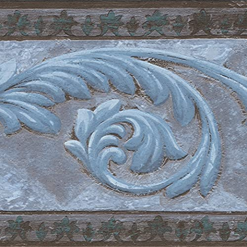 Dundee Deco DDAZBD9539 Tapetenbordüre zum Abziehen und Aufkleben, Damast, blau-grau, Retro-Design, 4,57 m x 17,78 cm, selbstklebend
