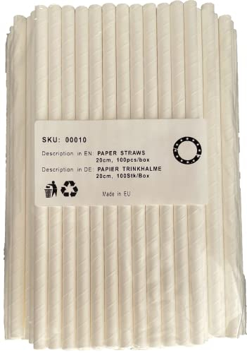 Biomnia - Cannucce di carta organiche, diametro 8 mm x 20 cm, 100% biodegradabili e sostenibili, prodotte in UE, cannucce di carta usa e getta, a 3 strati, 100 pezzi, colore bianco