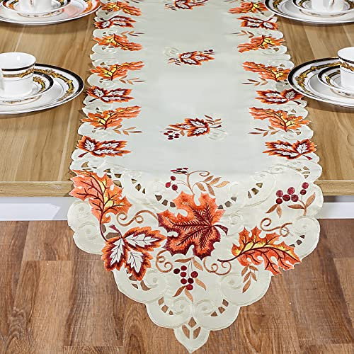Tischläufer für Tische, Bestickt, Ahornblätter, 38,1 x 178,8 cm, Herbst-Tischläufer, handgefertigte Tischdecke für Herbst und Erntedankfest, Party-Dekoration