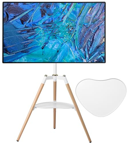 ETHU TV Staffelei Holz für 32-65 Zoll Fernseher, Max. VESA 600x400mm | Höhenverstellbarer Stativ TV-Ständer mit Medienablage, 140° schwenkbar, für LCD LED Bildschirm, stabiler TV-Bodenständer
