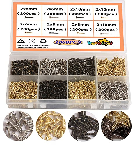 huruirui M2 Kleine Schrauben set,1600Stück Holzschrauben Selbstschneidende Schrauben 6mm 8mm 10mm Flachkopf Kreuzkopf Blechschrauben Set Teile für die Gerätereparatur Golden Silberne Schwarz