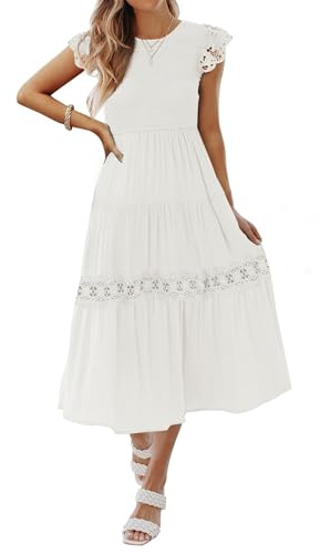 ZESICA Women's Casual Crew Neck Flutter Sleeve Smocked High Waist Hollow Out Lace Trim Tiered A Line Midi Dress,Ivory,Medium