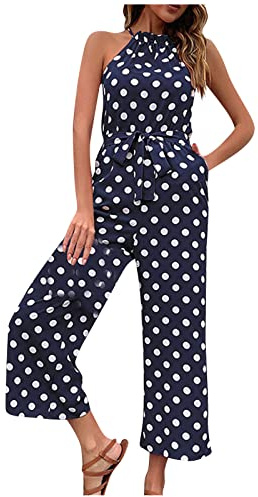 Ansenesna Jumpsuit Damen Sommer 7/8 Lang Weiße Punkte Jumpsuits Damen Elegant Kuschelig Overall Einteiler Damen Weites Bein Eleganter Playsuit Strand Träger Onesie Frauen Weit Ärmellos Romper