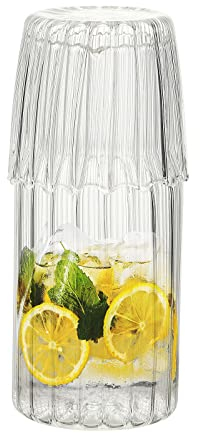 Mokylor Creative Cold Kettle, Clear Ribbed Bedside Water Carafe with Tumbler Glass Drinking Utensil Large Capacity Nightstand Carafe and Glass Set for Bathroom(white)