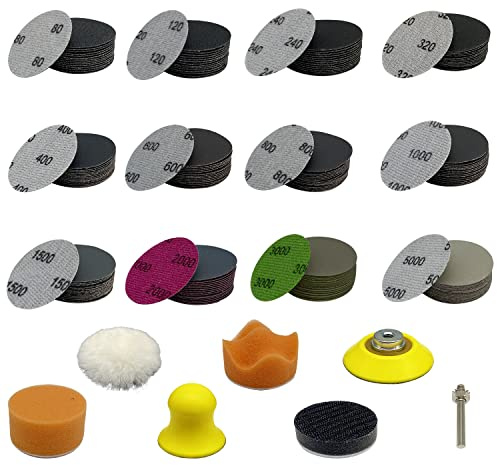 Auteriskt 186-delars sandpappersset 50 mm kardborreband, våta och torra slipkuddar, kornstorlek (80–5000) – slipblad för excenterslipmaskin för billackering, metall- och trämöbelbearbetning
