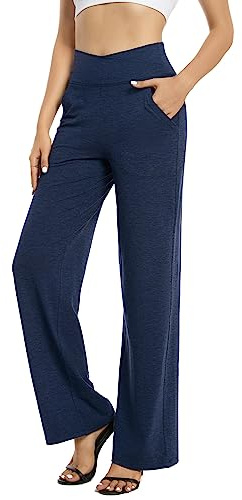 G4Free dam breda byxor yogabyxor hög midja joggingbyxor med fickor crossover eleganta raka byxor magkontroll utsvängda byxor sportbyxor petite/normal/lång, Marinblå ljung, XXL