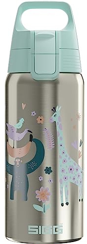 Sigg - Isolierte Trinkflasche Kinder - Shield Therm One Jungle - Kohlensäuregeeignet - Auslaufsicher - Spülmaschinenfest - BPA-frei - 90% recycelter Edelstahl - Brushed & Hellblau mit Tieren - 0,5L