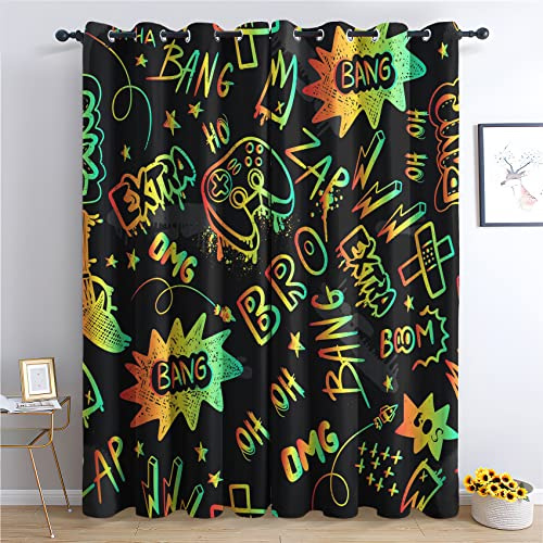 THYUNQ Vorhänge Gaming Gamer Motiv, Vorhang Blickdicht Verdunklungsvorhänge Thermovorhang mit Ösen, Gardinen Wohnzimmer Schlafzimmer Fenster, 2er Set Curtains, H 220 x B 140 cm