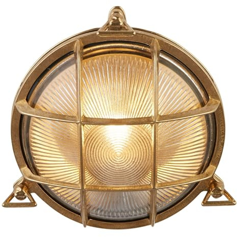 Searchlight Bulkhead Runde Außenleuchte aus massivem Messing, geripptes Glas