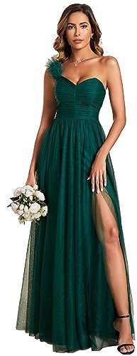 Ever-Pretty Women's One Shoulder Sexy Pleated A-Line Maxi Bridesmaid Dresses for Wedding Guest Dark Green 8UK