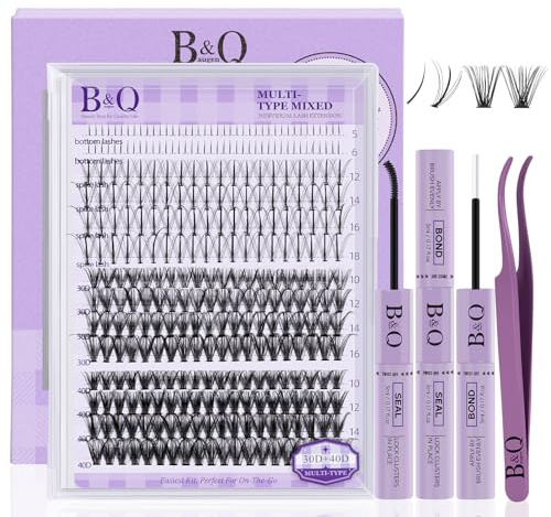 B&Qaugen Wimpern Extensions Set 30D+40D DIY Lash Extension Set Mit Spike Wimpernverlängerung Set Mit Bond&Seal Und Pinzette(Multi-Style-Mix 10-16MIX)