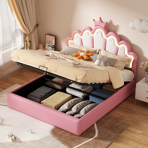 Zravenna Bett Prinzessinnen 140x200 cm Rosa, Polsterbett mit Bettkasten Boxspringbett, Bett für Jugendliche Mädchen, Tragfähigkeit 250 kg Ohne Matratze, Doppelbett mit höheverstellbarem Kopfteil
