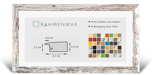 RahmenMax® Toskana Bilderrahmen Holz 40x100 cm zum Aufhängen/Bilderrahmen Maßanfertigung möglich/MDF Posterrahmen/Bilder Rahmen in Weiß Vintage mit Acrylglas/Puzzle Rahmen