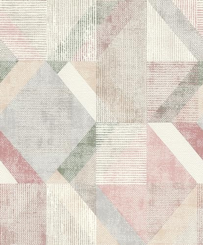 Rasch Tapeten 311914 - Vliestapete mit Drei- und Vierecken in Altrosa, Beige, Grün und Grau aus der Kollektion Color your life - 10,05 m x 0,53 m (LxB)