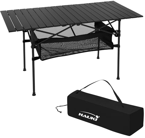Hauki Campingtisch faltbar Schwarz, 118 x 55 x 64,5 cm, Aluminium Klapptisch, Aufrollbare Tischplatte, Falttisch klappbar, Gartentisch Balkontisch Reisetisch Rolltisch Markttisch inkl. Tragetasche